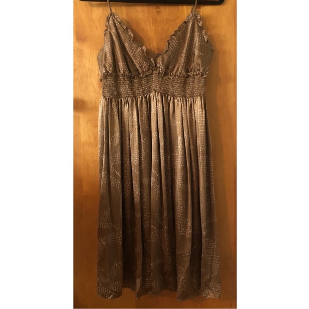 BCBGMaxazria Camel Silk Polka Dot Ruffle Dress